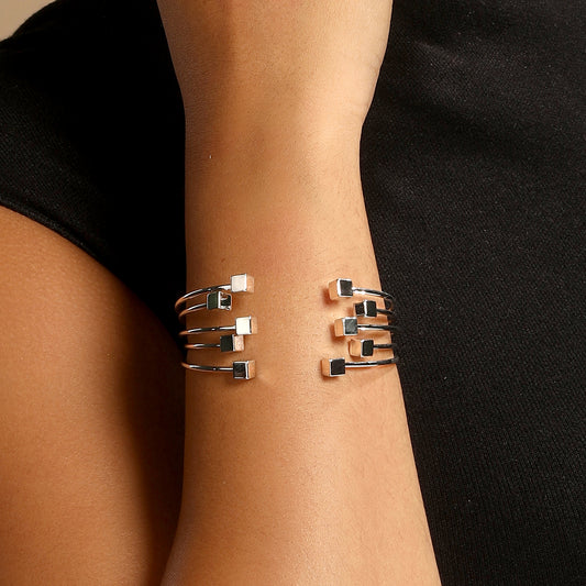 Stacked Cube Wire Silver Plated Adjustable Cuff Bracelet
