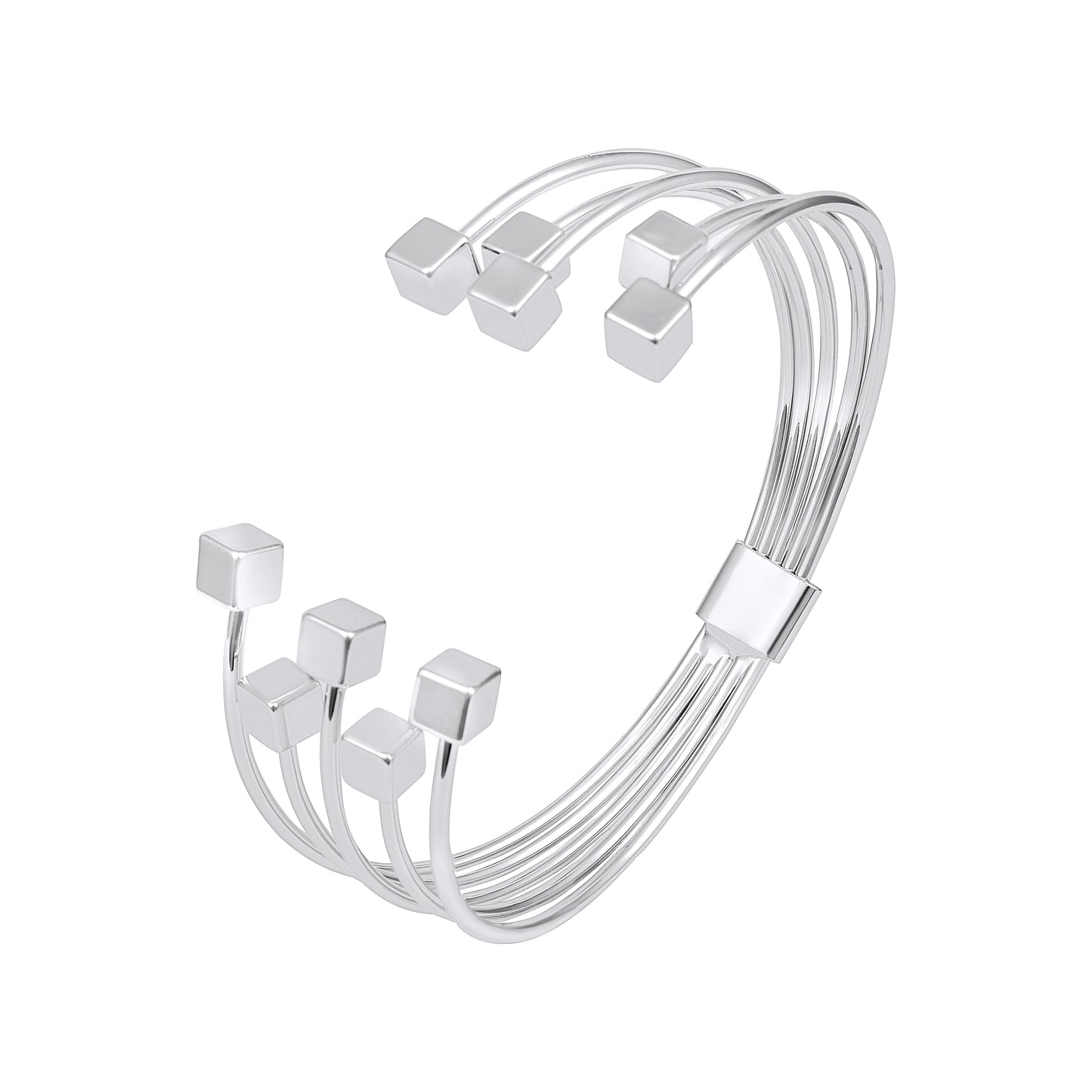 Stacked Cube Wire Silver Plated Adjustable Cuff Bracelet