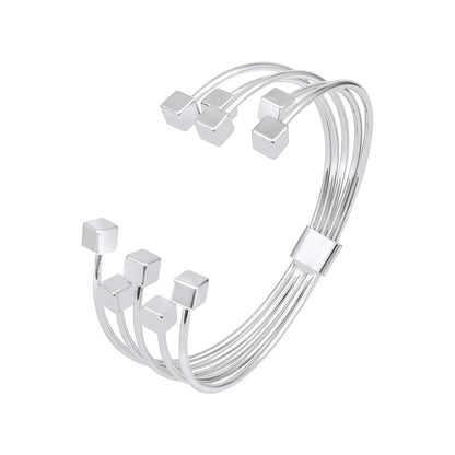 Stacked Cube Wire Silver Plated Adjustable Cuff Bracelet