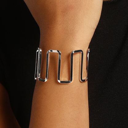 Wavy Curved Silver Plated Adjustable Cuff Bracelet