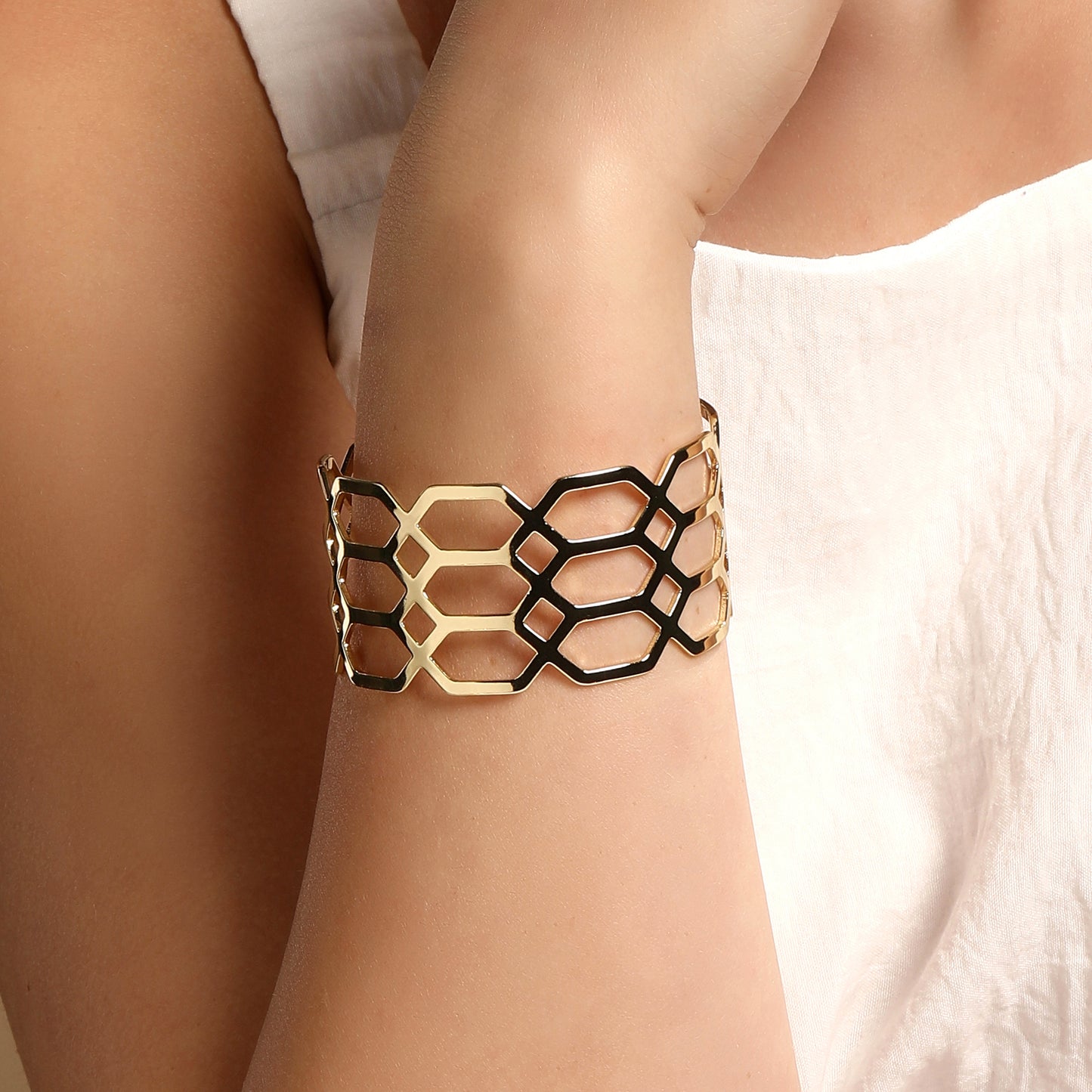 Wide Geometric 18KT Gold Plated Adjustable Cuff Bracelet