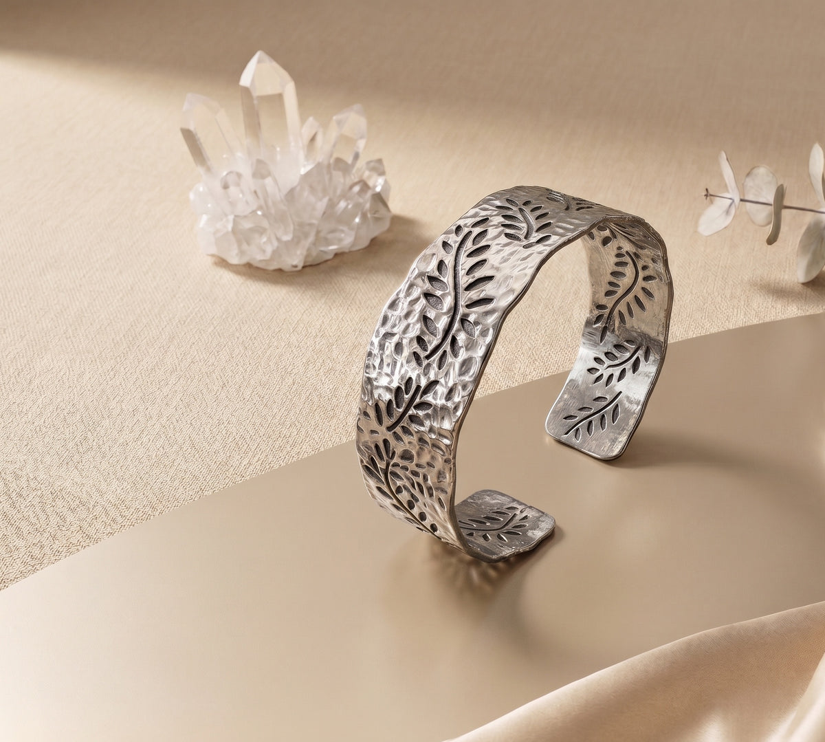 Leaf Cutout Antique Silver Adjustable Cuff Bracelet