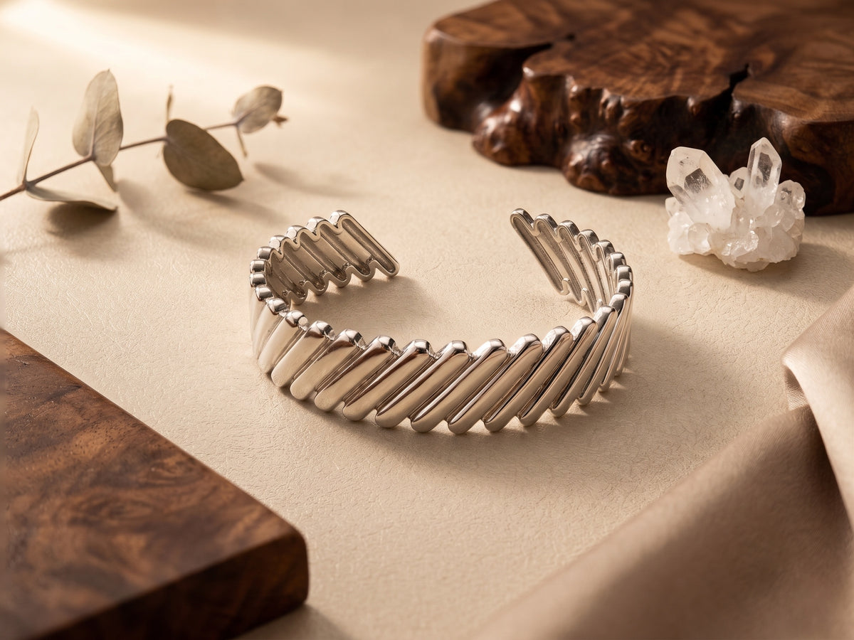 Diagonal Ribbed Sculpted Silver Adjustable Cuff Bracelet