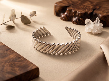 Diagonal Ribbed Sculpted Silver Adjustable Cuff Bracelet