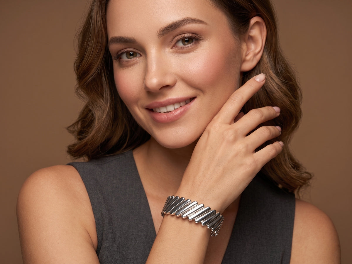 Diagonal Ribbed Sculpted Silver Adjustable Cuff Bracelet