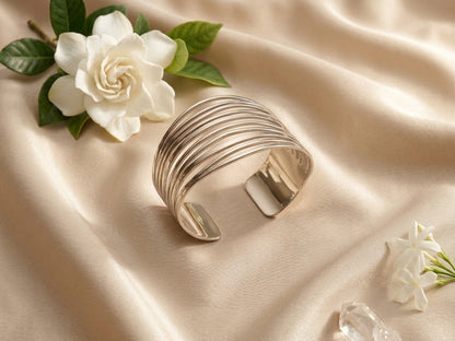 Multi Strand Parallel Silver Wide Adjustable Cuff Bracelet