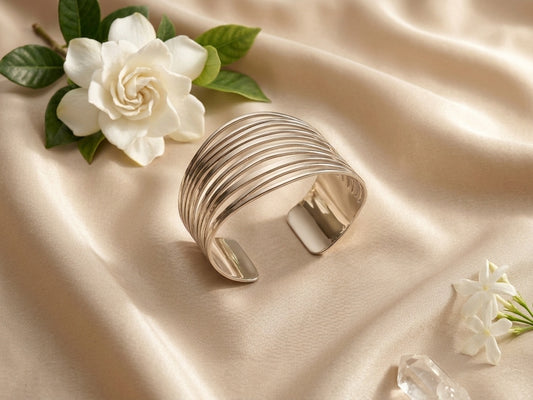 Multi Strand Parallel Silver Wide Adjustable Cuff Bracelet