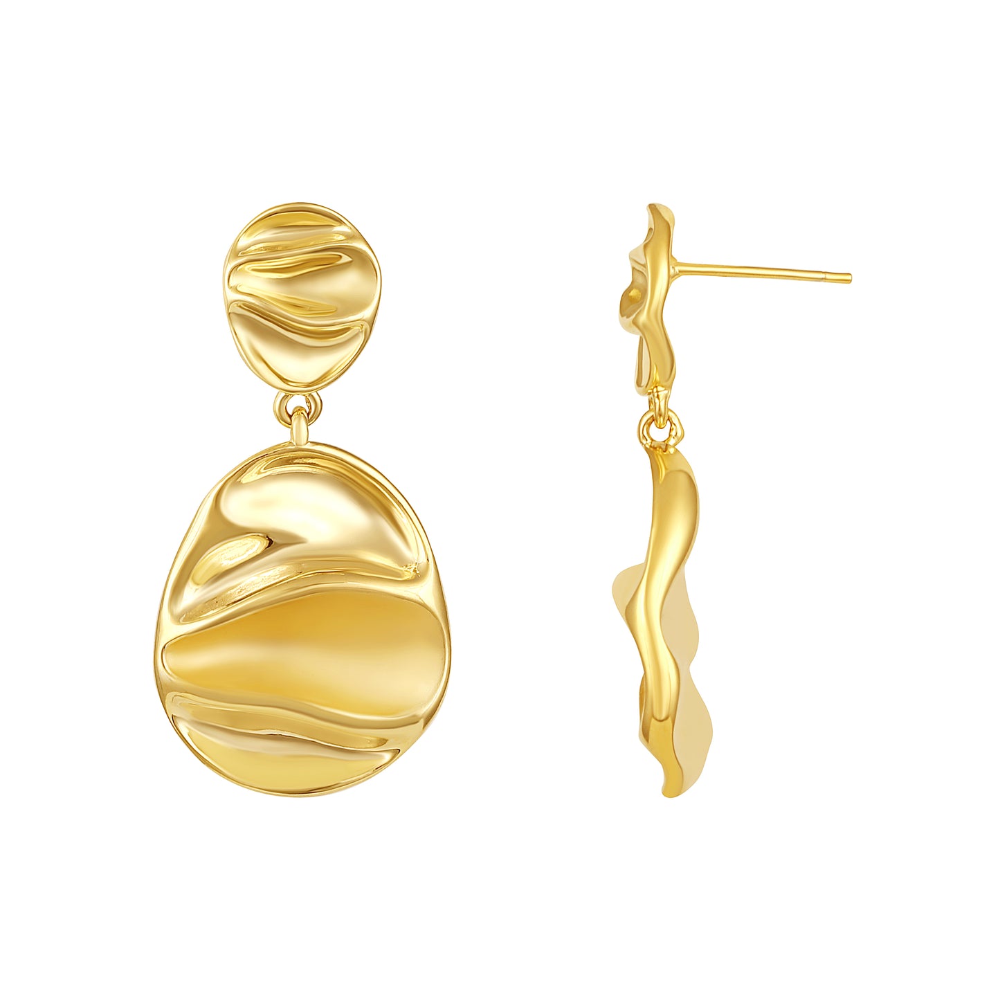 Dual Drop Hammered Oval Shape 18KT Gold Plated Dangle Earring