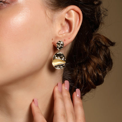 Dual Drop Hammered Oval Shape 18KT Gold Plated Dangle Earring