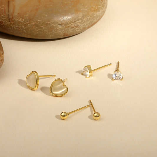 Heart-Stone Triangle Round 18KT Gold Plated Zircon Set Of 3 Stud Earring