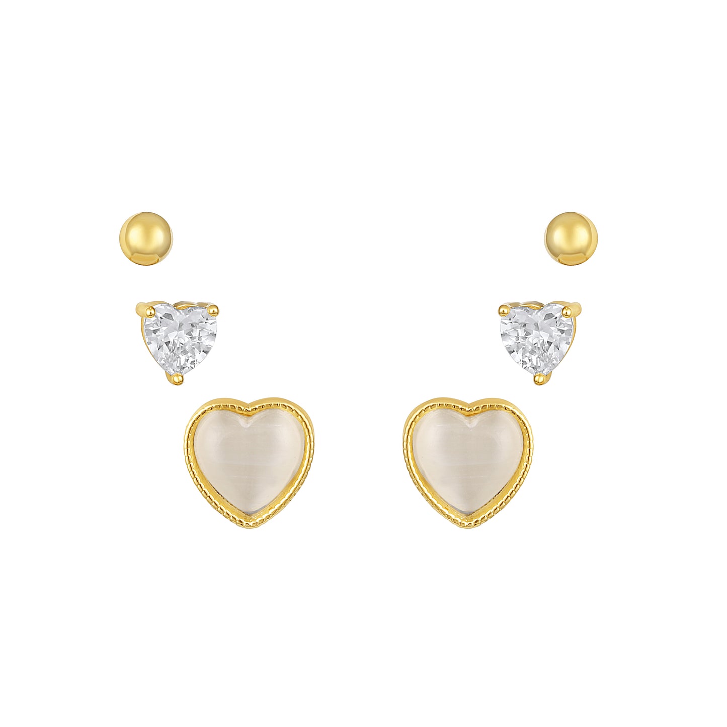 Heart-Stone Triangle Round 18KT Gold Plated Zircon Set Of 3 Stud Earring