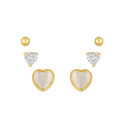 Heart-Stone Triangle Round 18KT Gold Plated Zircon Set Of 3 Stud Earring