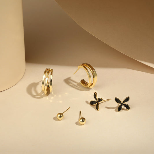 Round and Flower Design 18KT Gold Plated Set Of 3 Stud Earrings
