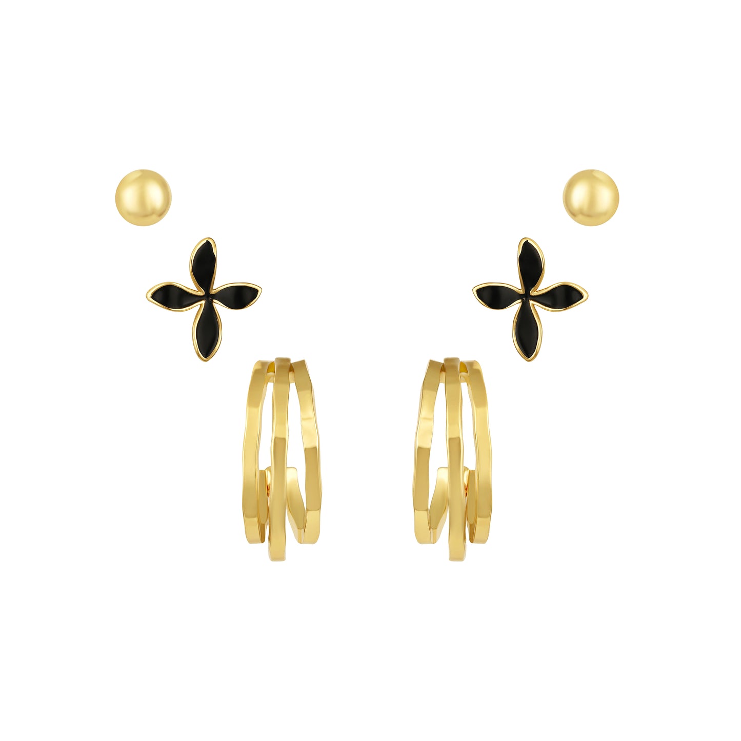 Round and Flower Design 18KT Gold Plated Set Of 3 Stud Earrings