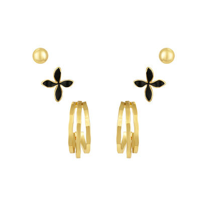 Round and Flower Design 18KT Gold Plated Set Of 3 Stud Earrings