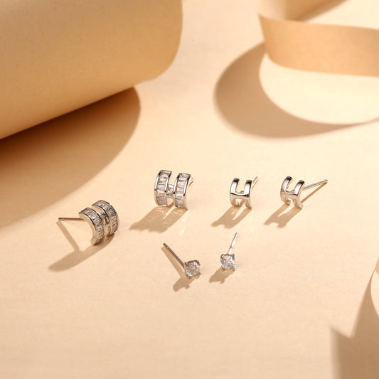 Embellished "H" Alphabet Silver Plated Zircon Set Of 3 Stud Earrings