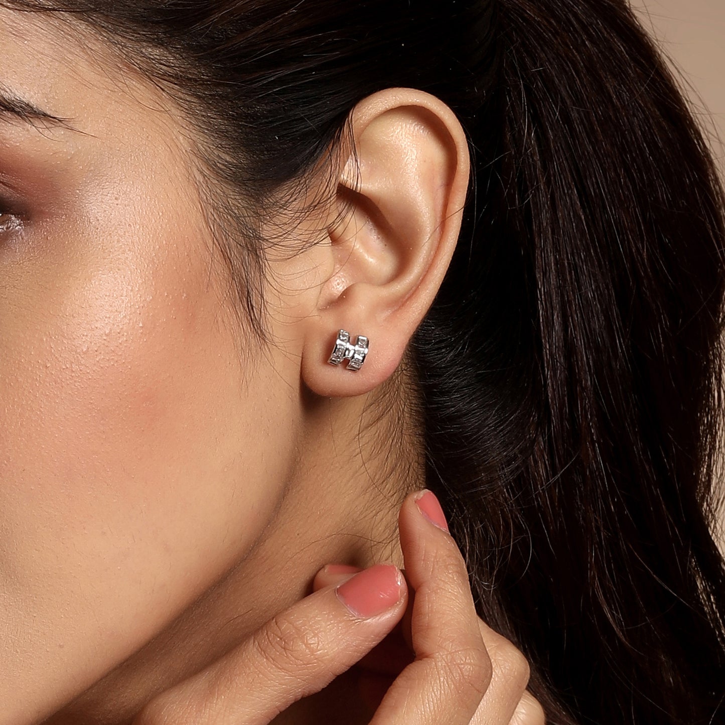 Embellished "H" Alphabet Silver Plated Zircon Set Of 3 Stud Earrings
