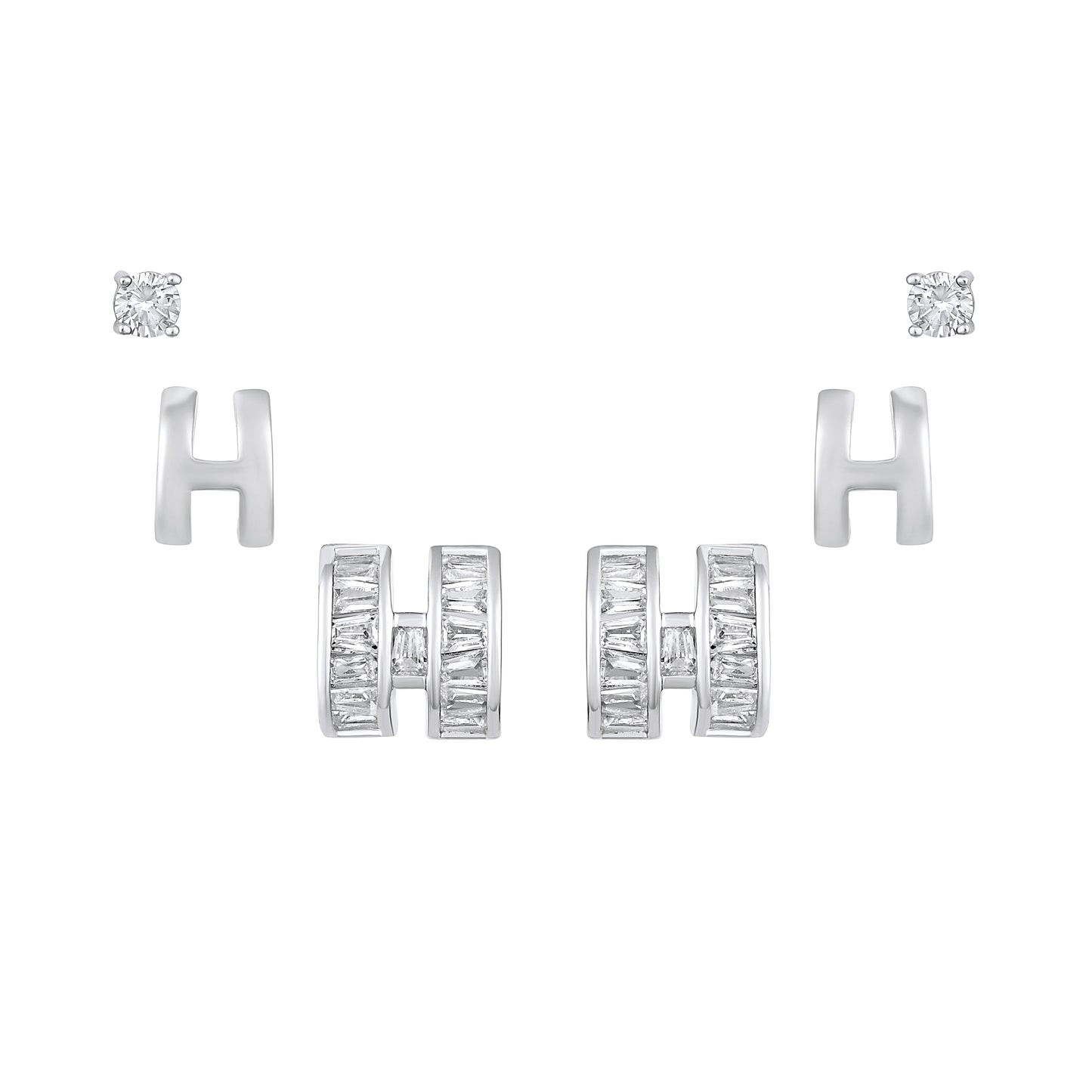 Embellished "H" Alphabet Silver Plated Zircon Set Of 3 Stud Earrings