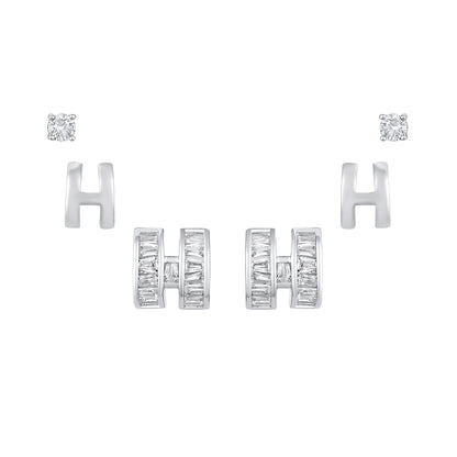Embellished "H" Alphabet Silver Plated Zircon Set Of 3 Stud Earrings