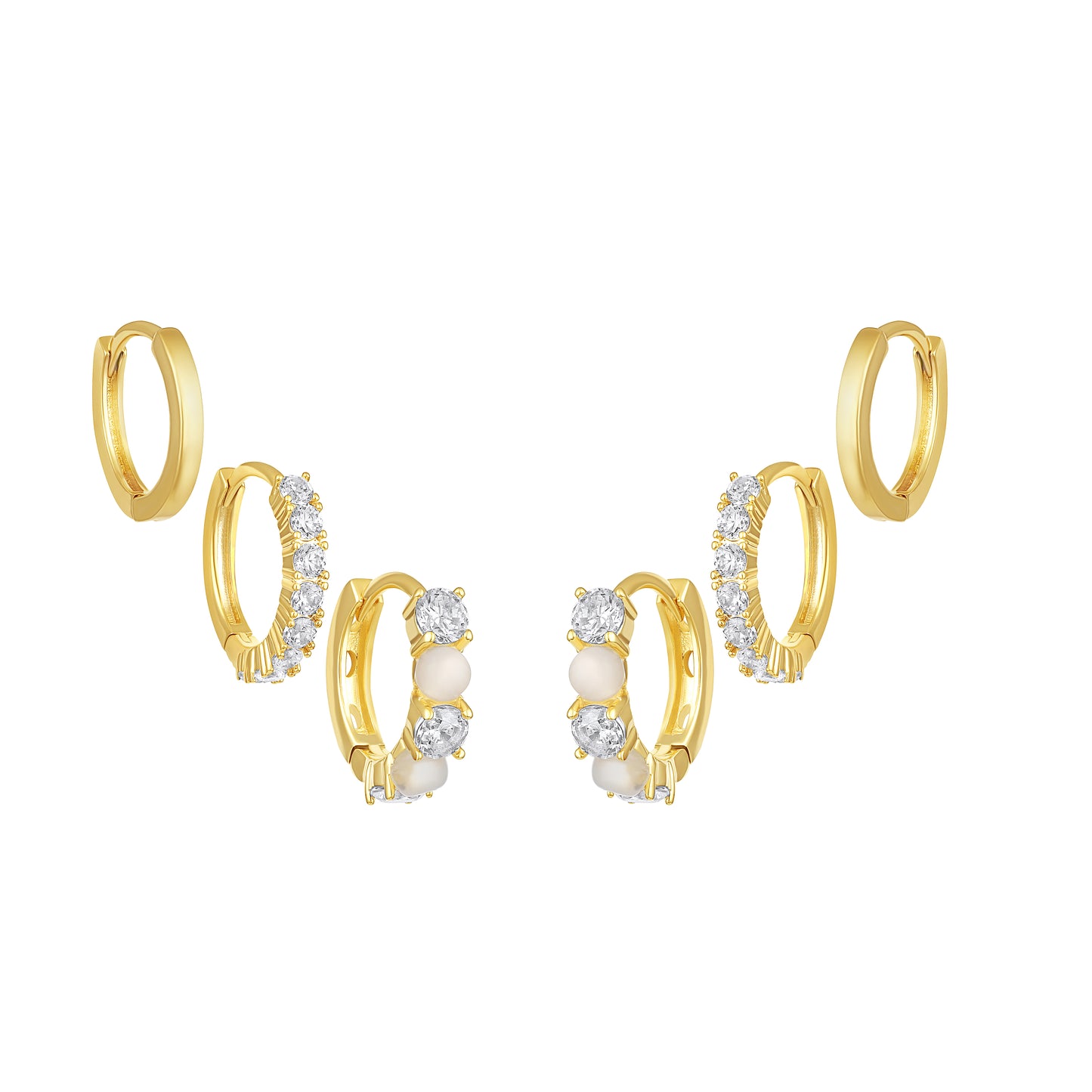 Round Shape 18KT Gold Plated Pearl and Zircon Set Of 3 Stud Earrings