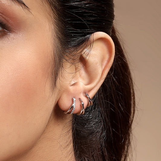 Circular Criss Cross Design Silver Plated Zircon Set Of 3 Stud Earrings