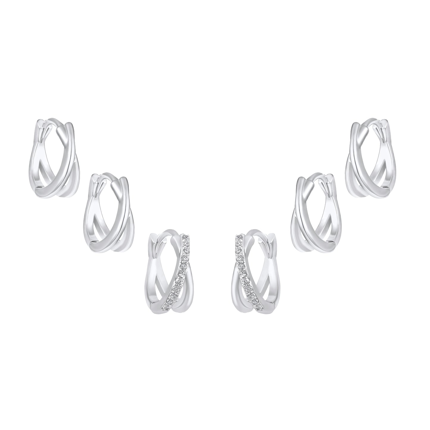 Circular Criss Cross Design Silver Plated Zircon Set Of 3 Stud Earrings