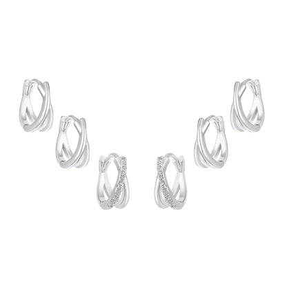 Circular Criss Cross Design Silver Plated Zircon Set Of 3 Stud Earrings
