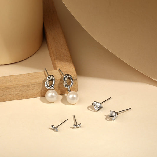Heart and Butterfly Design Freshwater Pearl Silver Plated Set Of 3 Stud Earrings