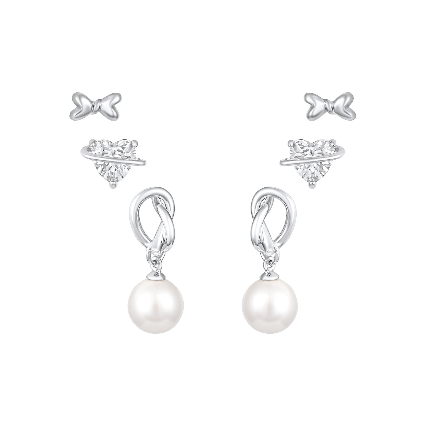 Heart and Butterfly Design Freshwater Pearl Silver Plated Set Of 3 Stud Earrings