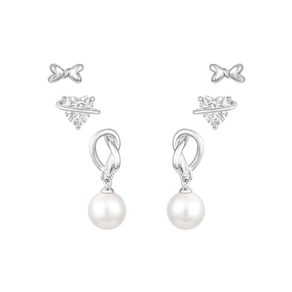 Heart and Butterfly Design Freshwater Pearl Silver Plated Set Of 3 Stud Earrings