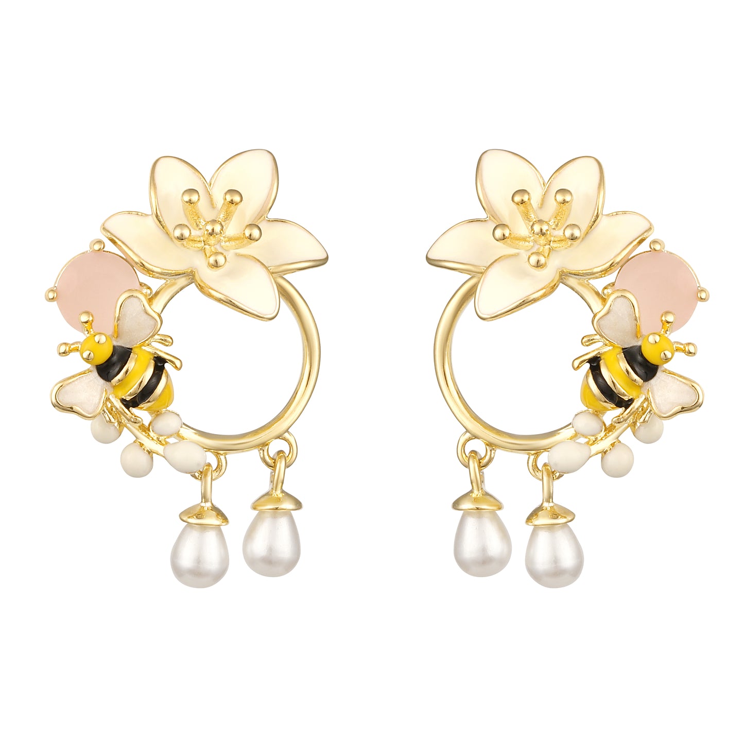 Bee Flower Design 18KT Gold Plated Pearl Dangle Earring