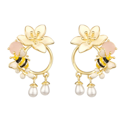 Bee Flower Design 18KT Gold Plated Pearl Dangle Earring