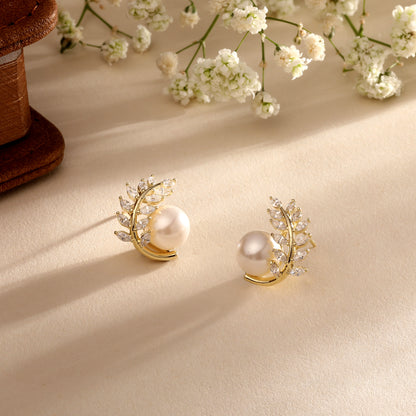 Pearl Leaf Design 18KT Gold Plated Stud Earring