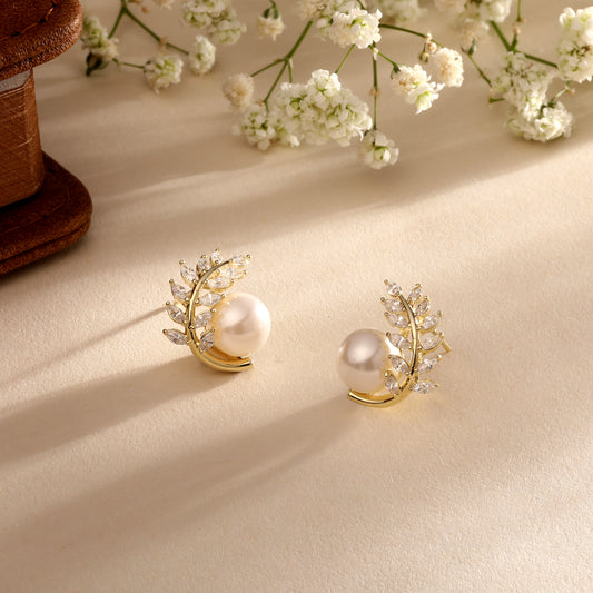 Pearl Leaf Design 18KT Gold Plated Stud Earring