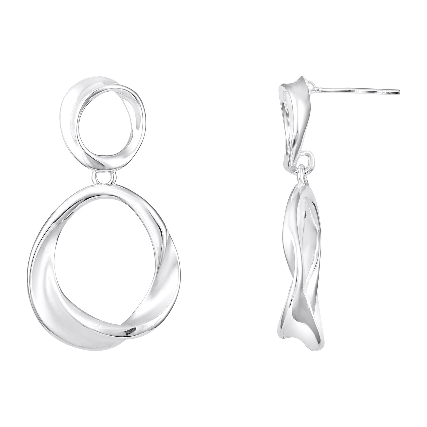 Twisted Dual Circle Shaped Silver Plated Dangle Earring