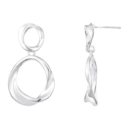Twisted Dual Circle Shaped Silver Plated Dangle Earring