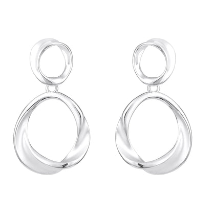 Twisted Dual Circle Shaped Silver Plated Dangle Earring