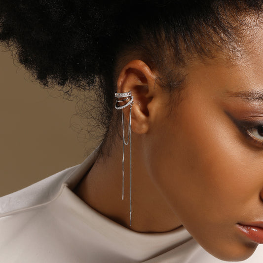 Round Shape 3 String Silver Plated Zircon Dangle Ear Cuff