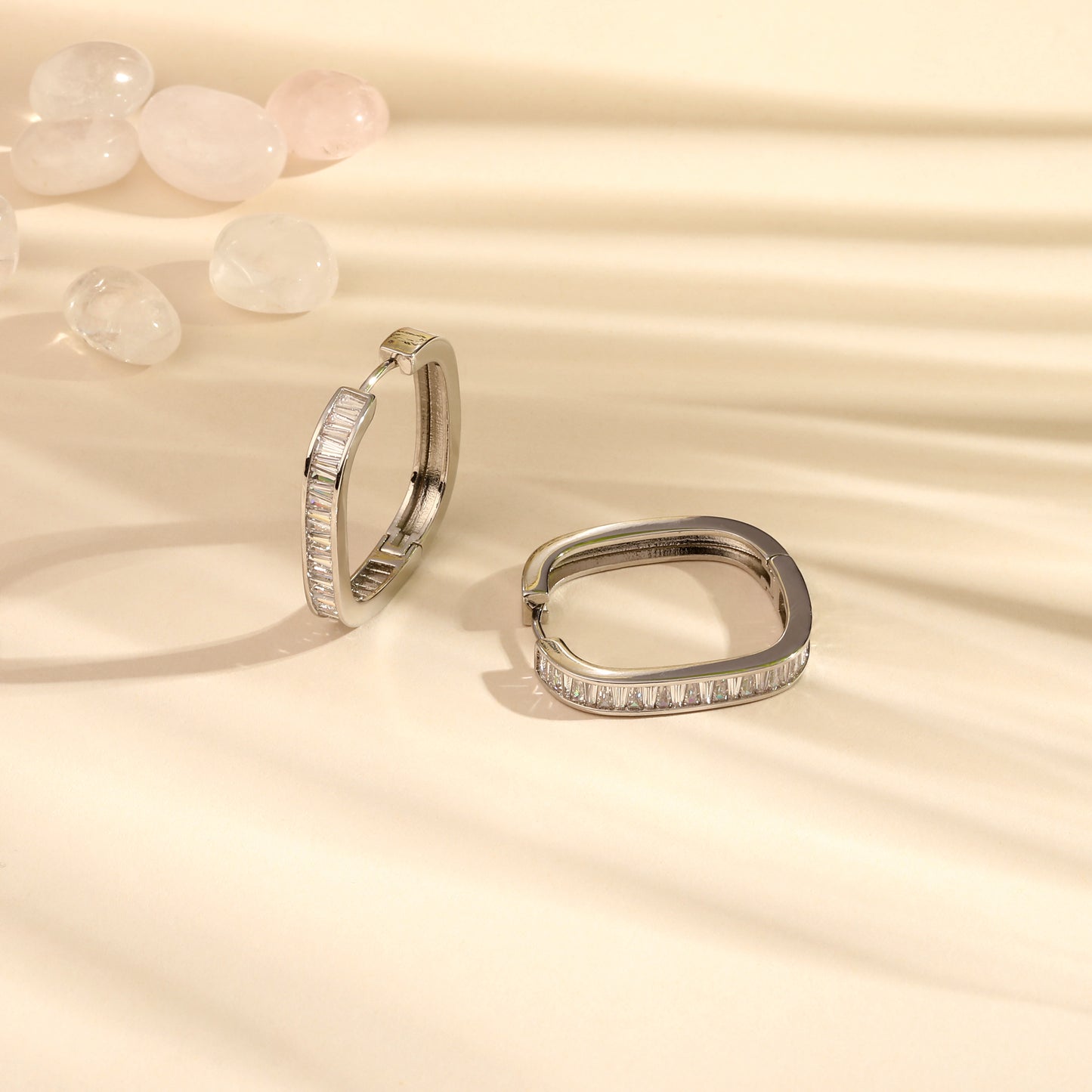 Curved Rectangular Hoop Silver Plated Zircon Drop Earring