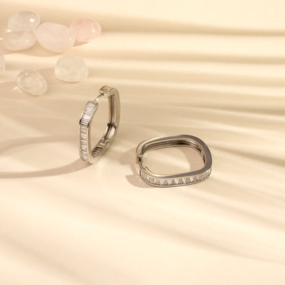 Curved Rectangular Hoop Silver Plated Zircon Drop Earring