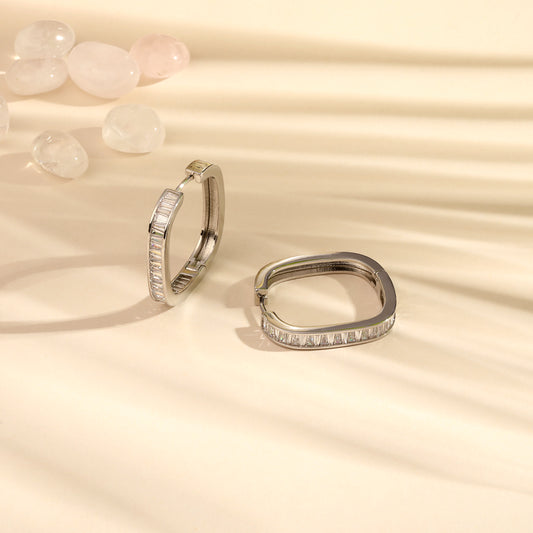 Curved Rectangular Hoop Silver Plated Zircon Drop Earring