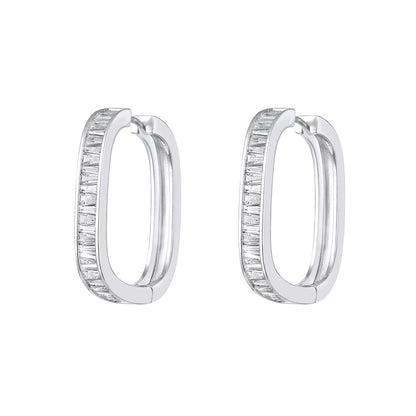 Curved Rectangular Hoop Silver Plated Zircon Drop Earring