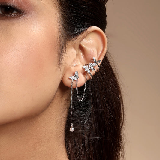 Wing Chain Butterfly Design Silver Plated Zircon Ear Cuff