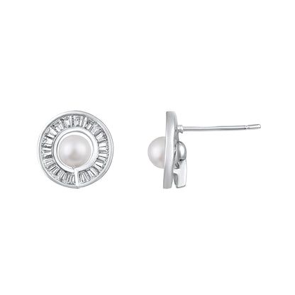 Round Shape Silver Plated Pearl Stud Earring