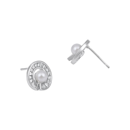 Round Shape Silver Plated Pearl Stud Earring