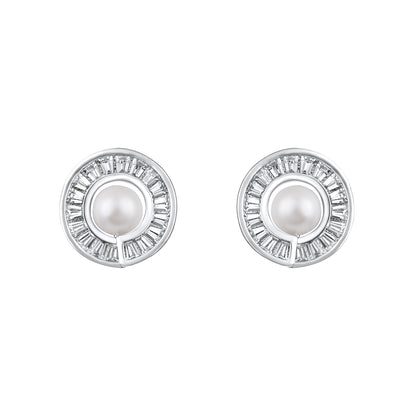 Round Shape Silver Plated Pearl Stud Earring