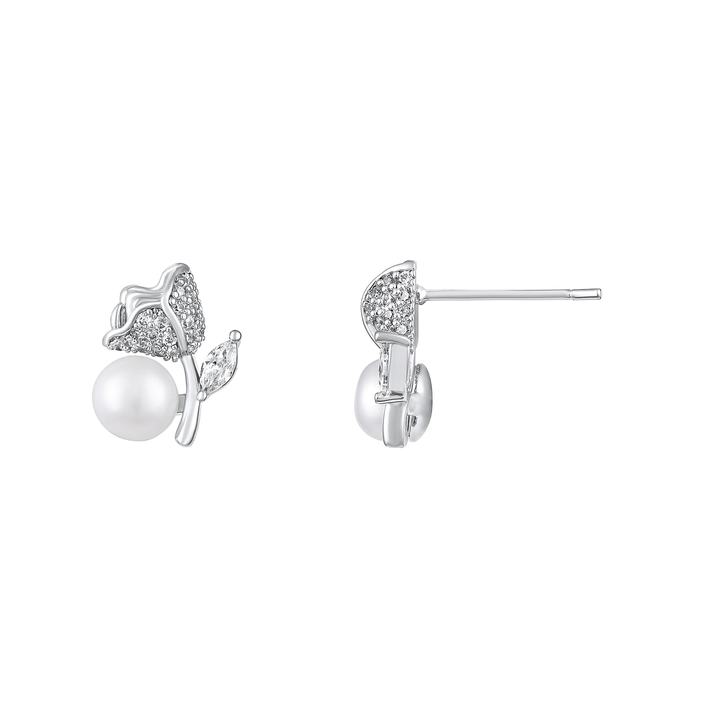 Rose Shape Freshwater Pearl Silver Plated Romantic Stud Earring