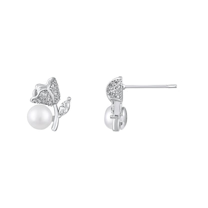 Rose Shape Freshwater Pearl Silver Plated Romantic Stud Earring