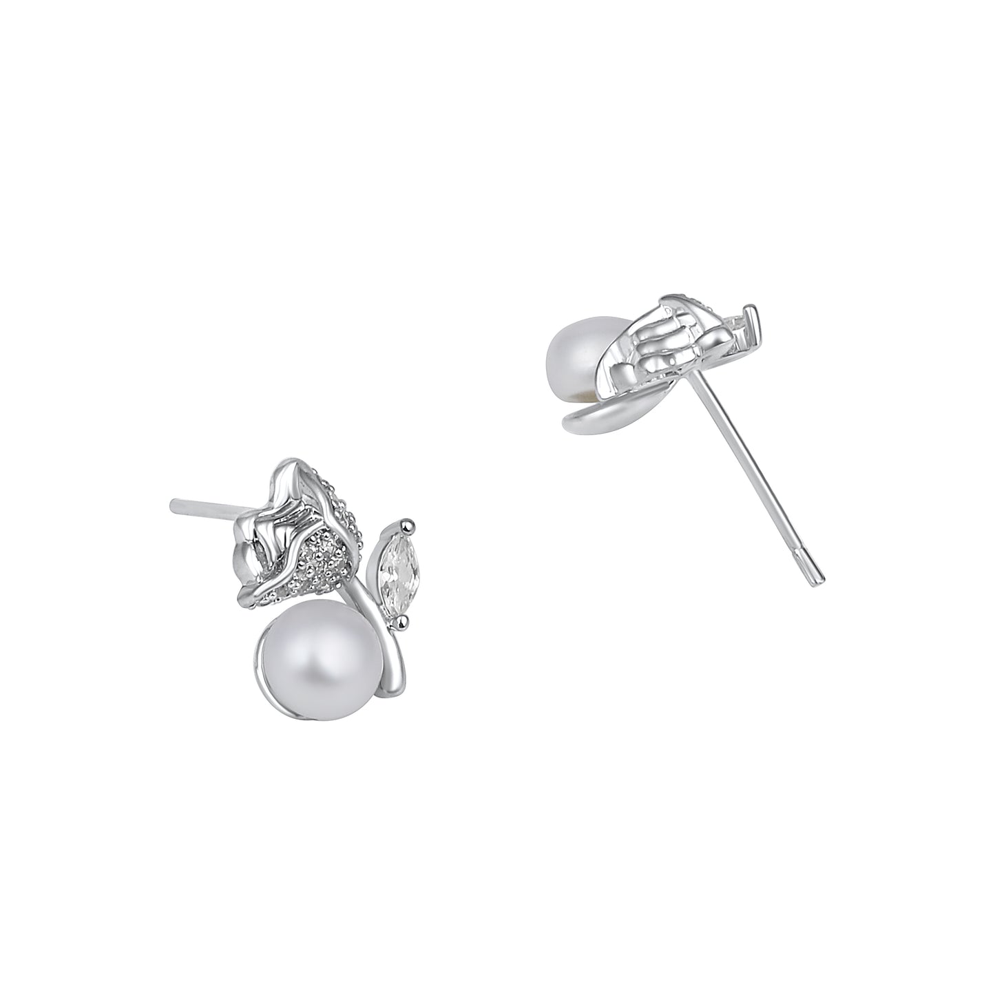 Rose Shape Freshwater Pearl Silver Plated Romantic Stud Earring