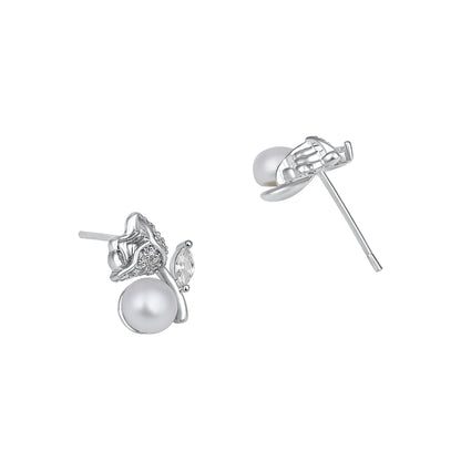 Rose Shape Freshwater Pearl Silver Plated Romantic Stud Earring